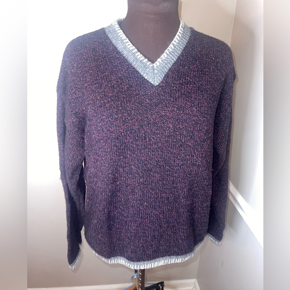 Alps Women’s V Neck Wool Blend Sweater Black Purple Gray Large‎ Ski Warm Winter